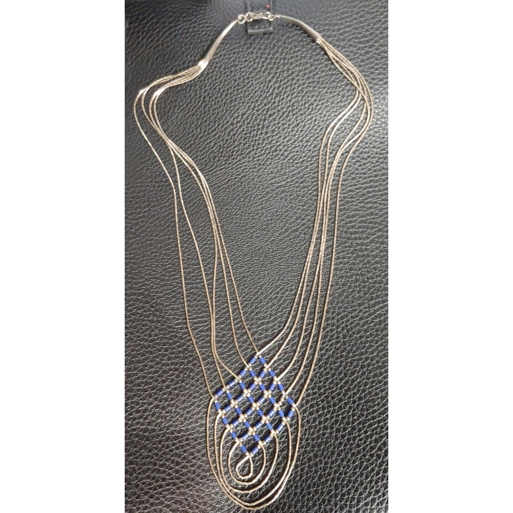 Hand strung sterling silver and lapis Native American necklace
